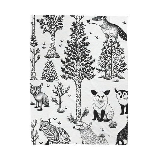 Outdoor Themed Blanket, Black and White, Nature, Foxes, Trees, Fleece, Gift for Mom, Gift for Dad, Gift for Girlfriend
